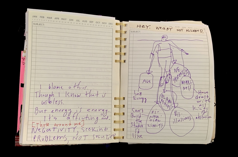 A handwritten notebook page with a calendar at the top and a diagram on the right side, discussing personal reflections and challenges.