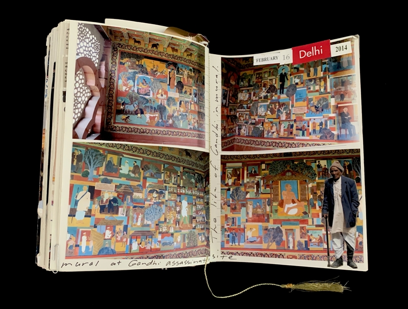 A travel journal page featuring a mural depicting the life of Mahatma Gandhi, with a photograph of a man standing in front of it.