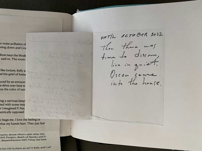 A handwritten journal entry dated October 2022, with notes about time, quiet, and the arrival of someone named Oscar.