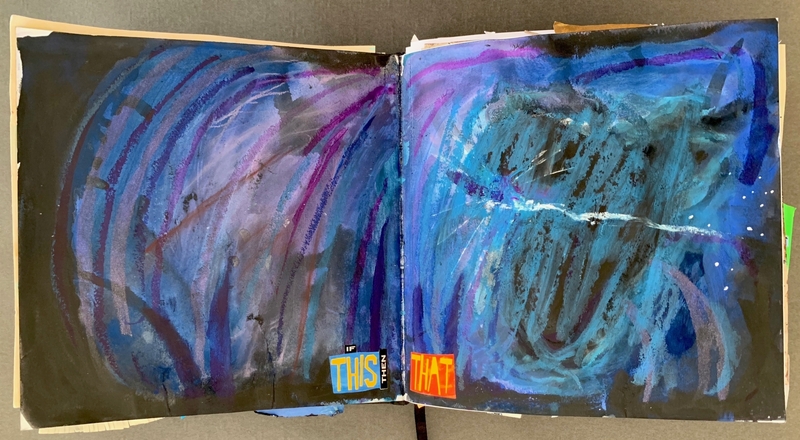 A vibrant, abstract painting with swirling patterns and bold colors.