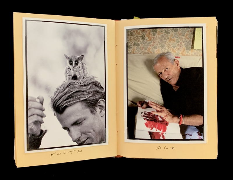 A juxtaposition of youth and age, with a monkey perched on a young man's head and an older man holding a book with red stains.