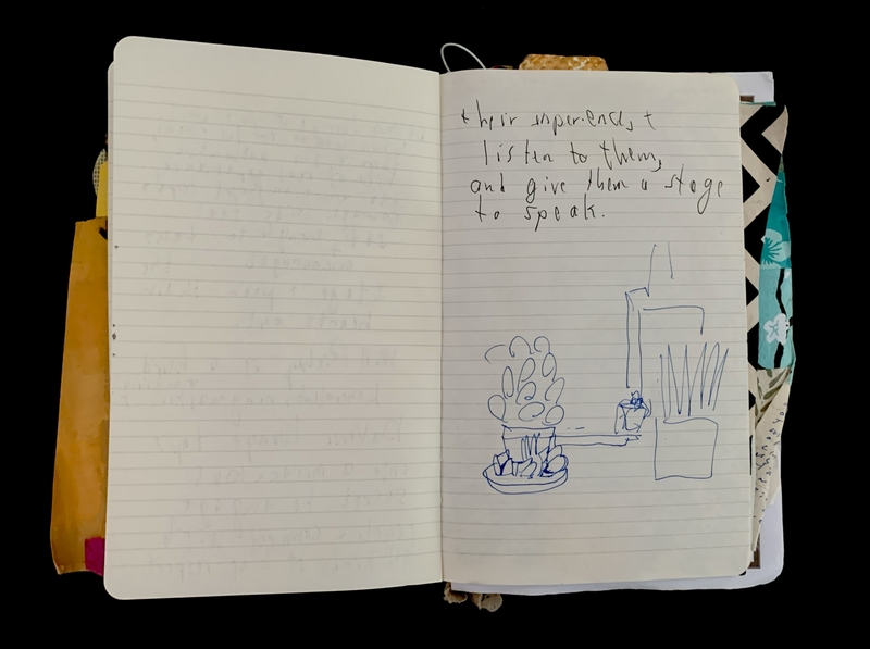 Open notebook with text and abstract plant sketches.