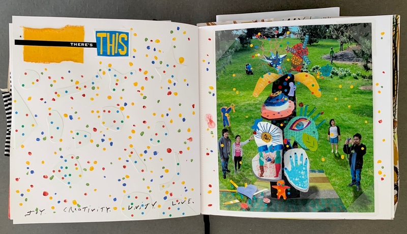 A vibrant journal page featuring colorful confetti and a photograph of a sculpture garden.