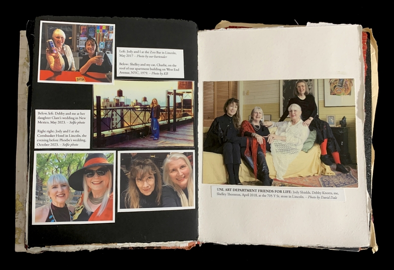 Open scrapbook displaying multiple women in various social settings, with descriptive text.