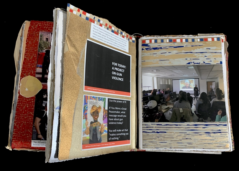 Open scrapbook showing a collage about a gun violence project and a classroom photo.