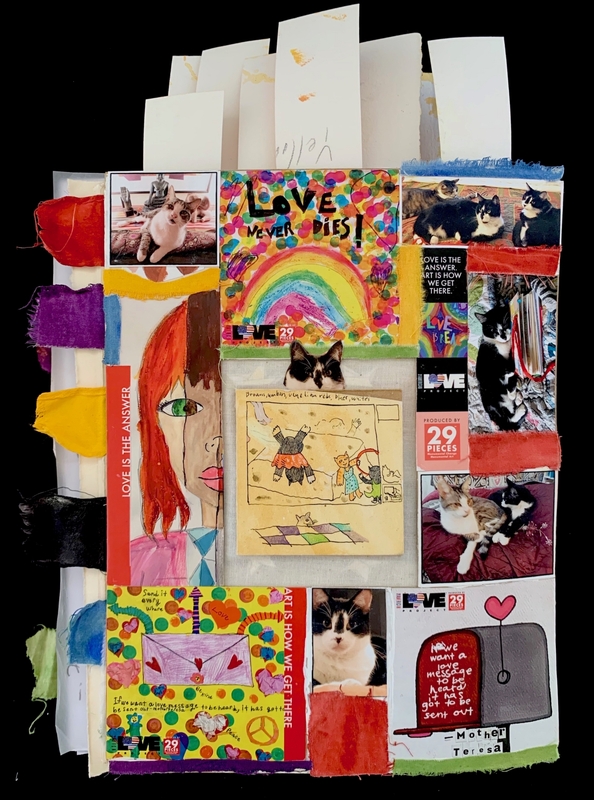 A collage journal page with colorful art, photos of cats, and text about love.