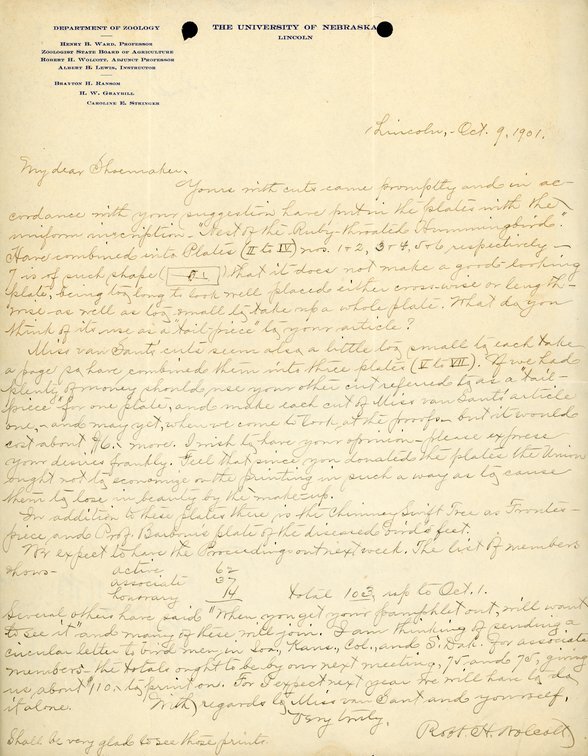 Handwritten letter, 1 page, from Robert H. Wolcott to Frank H. Shoemaker, "Yours with cuts come promptly and in accordance with your suggestion have put in the plates wth the uniform inscription."