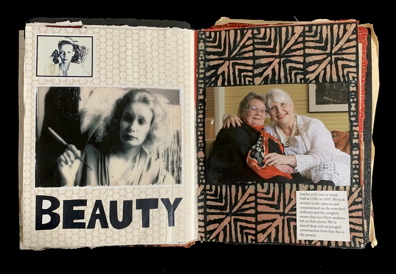 A scrapbook with black-and-white and color images of women and the word "BEAUTY" in bold.