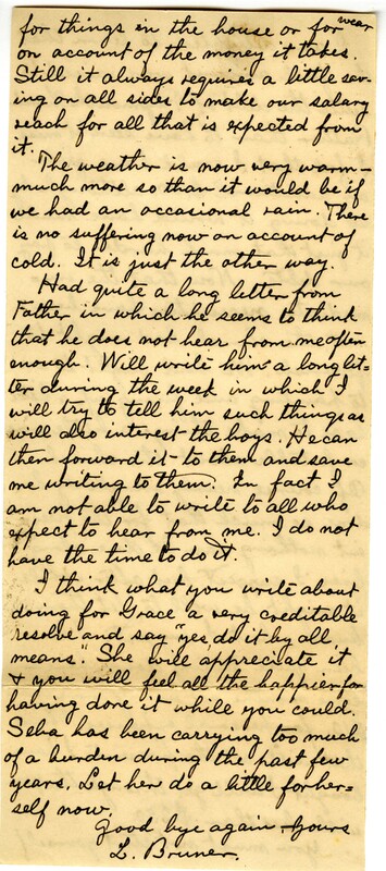 Handwritten 10 page letter from Lawrence Bruner to Marcia Bruner, "Since I am way off here 'measly 100 miles from nowhere'..."