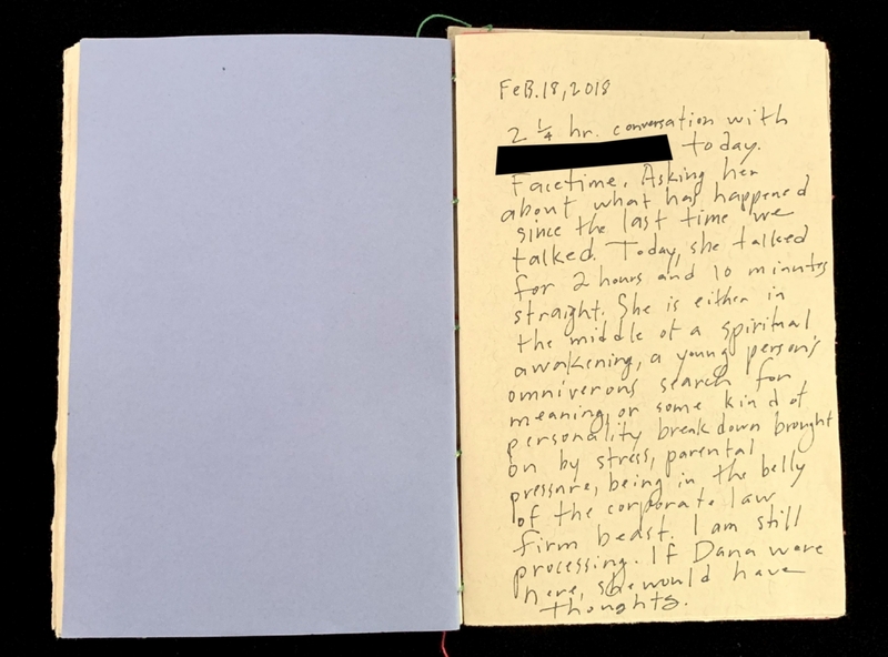 Open notebook with handwritten notes dated February 18, 2018, discussing a lengthy conversation and personal reflection.