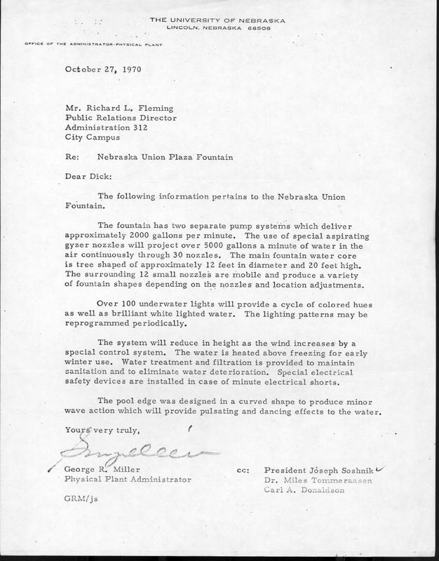 Correspondence between the Physical Plant Administrator, George Miller, and Public Relations Director, Richard Fleming, about the original Broyhill Fountain and many of its features.