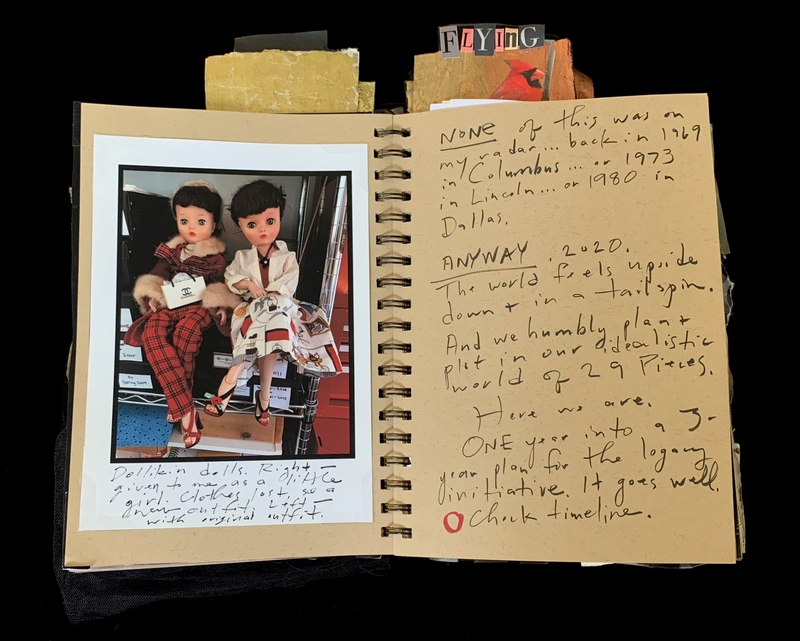 A vintage photograph of two dolls is displayed alongside handwritten notes discussing a nostalgic timeline and a project timeline.