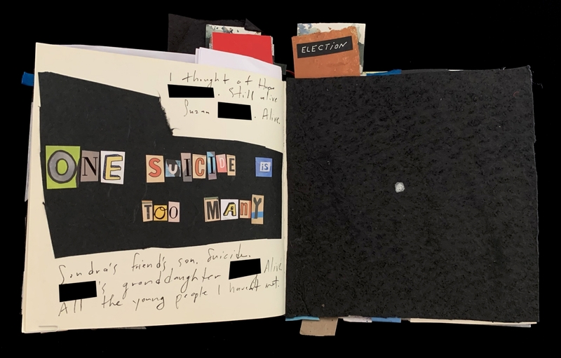 An open scrapbook with a collage spelling "ONE SUICIDE IS TOO MANY" and handwritten notes on one page, and textured black paper on the other.