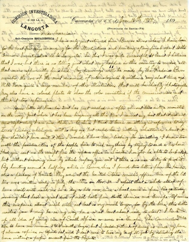 Handwritten 2 page letter from Lawrence Bruner to Marcia Bruner, "I have only just returned from Buenos Aires where I…"