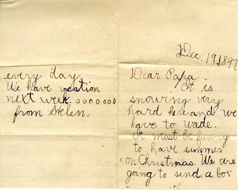 Handwritten 2 page letter from Helen Bruner to Lawrence Bruner, "It is snowing very hard here and we have to…"