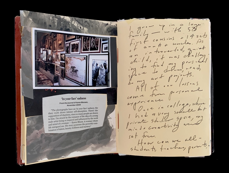 : A handwritten journal entry with a photograph of a gallery wall and a note from Karen Blessen's journal.