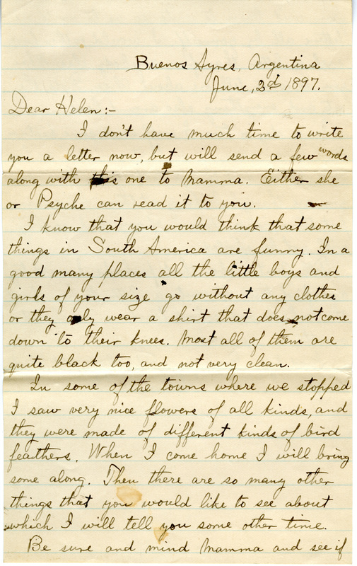 Handwritten 2 page letter from Lawrence Bruner to Helen Bruner, "I don't have much time to write you a letter now, but will send a few words along with this one to Mamma."