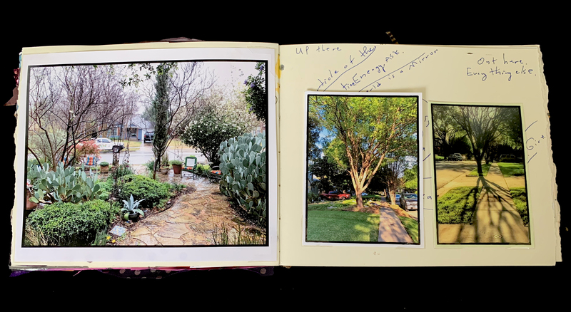 A scrapbook page featuring three photographs of a garden and handwritten notes.