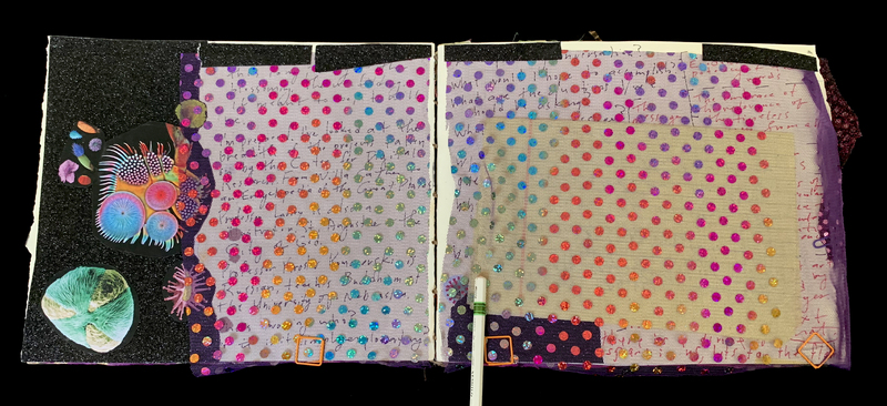 A vibrant, handcrafted journal page featuring a variety of colorful patterns and doodles.