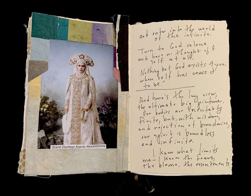 Open book with a photograph of a woman in ornate attire on the left and handwritten text on the right.