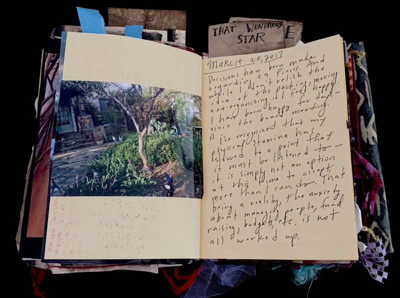 A journal page featuring a photograph of a garden and handwritten reflections on physical stamina and decision-making.