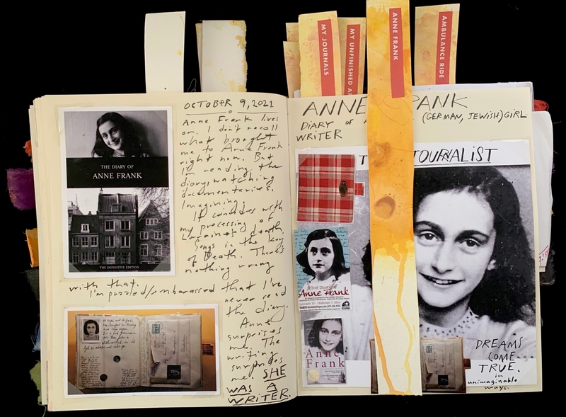 Journal spread with text and images related to Anne Frank, featuring book covers and handwritten notes.