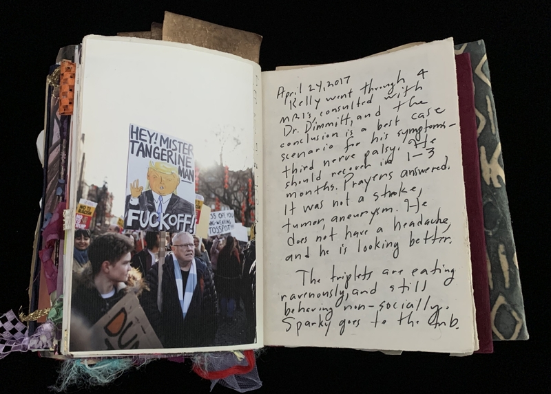 A handwritten journal entry dated April 24, 2017, accompanied by a photograph of a protest featuring a caricature of Donald Trump.