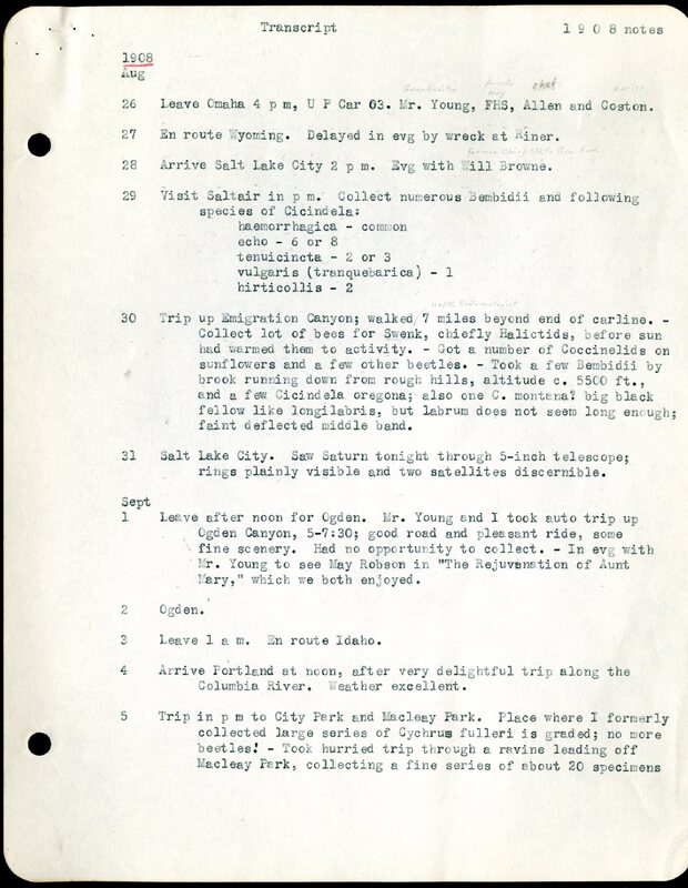 Frank H. Shoemaker typescript, 12 pages, on collecting trips along the west coast and in Omaha and Lincoln, Nebraska,  in Califorina, Idaho, Oregon,  and Arizona.