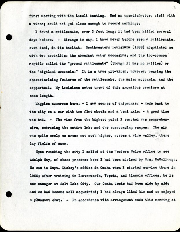 Frank H. Shoemaker typescript, 19 pages, noted on front page as "Have selected from my pocket day-dooks items pertaining to my leisure activities while on trips as private secretary to General Auditor of U.P.-S.P. and affiliates."