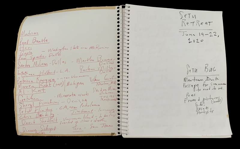 A handwritten notebook page with a list of names and locations, along with notes for a "Seth Retreat" scheduled for June 19-22, 2020.