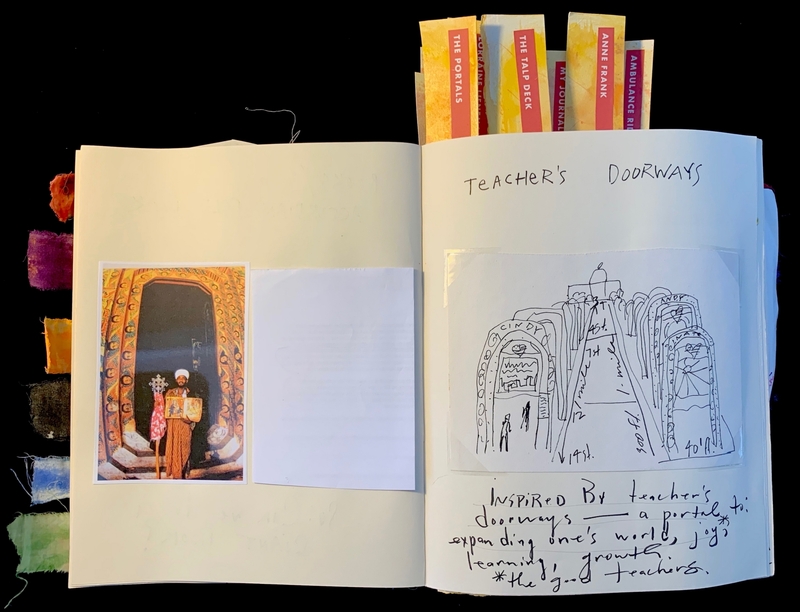 Open journal with a photo of an ornate doorway and a handwritten drawing with text on facing pages.