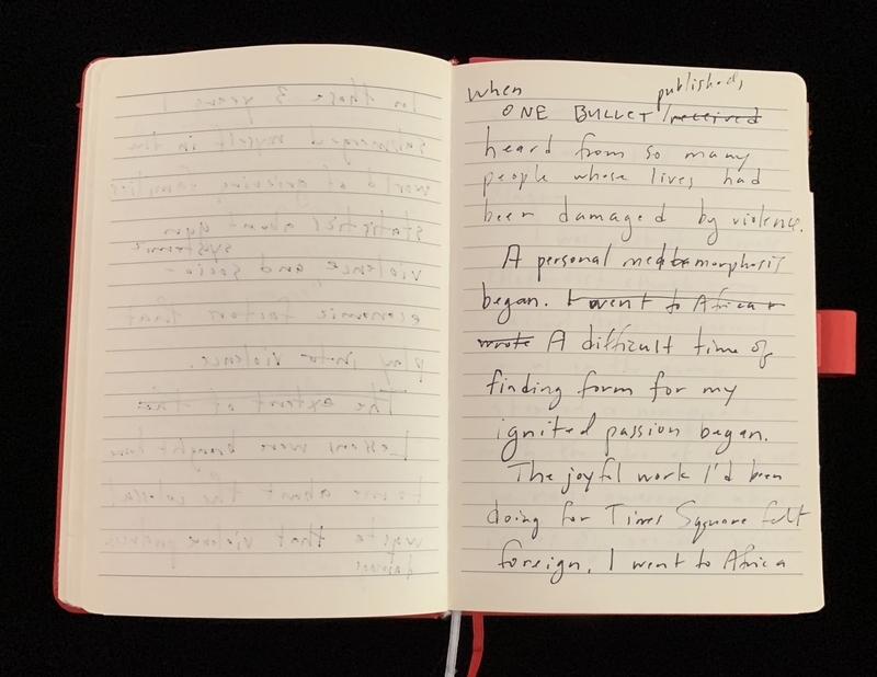 Open notebook with handwritten notes, one page legible with reflections, opposite page mirrored and illegible.