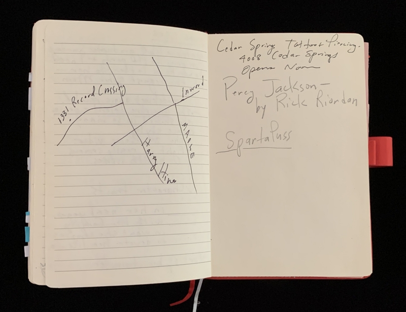 Open notebook displaying a hand-drawn map on the left page and handwritten notes on the right.