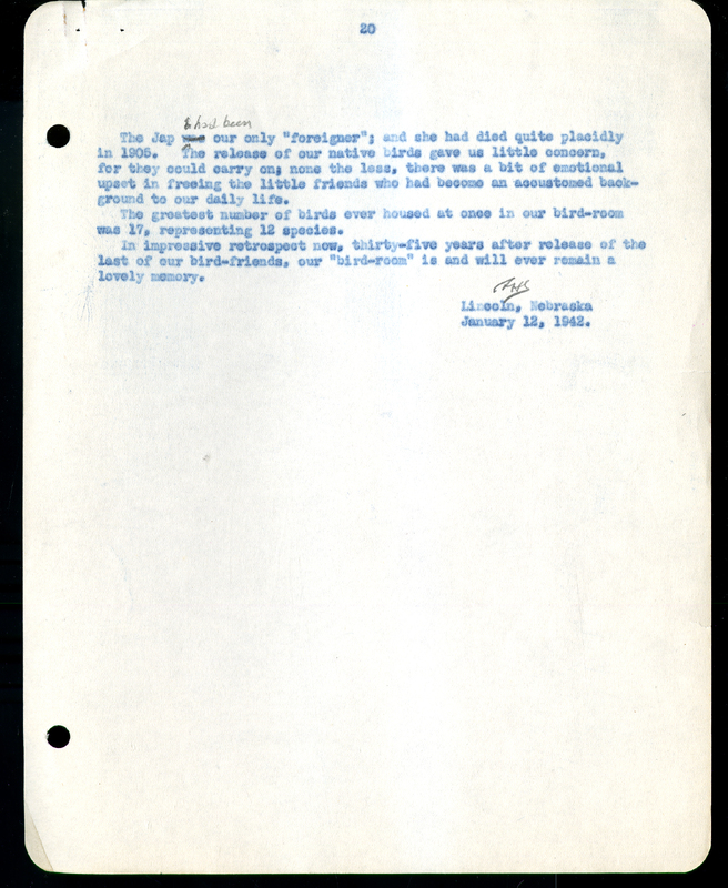 Frank H. Shoemaker typescript narrative, 29 pages,  on the bird room in Omaha home, with details on bird and insects.
