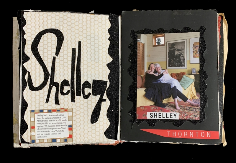 Scrapbook pages with the name "Shelley," a photo of two women on a couch, and text boxes.