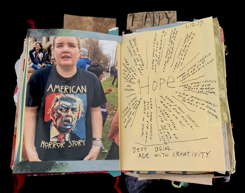 A collage page featuring a photograph and handwritten notes with the theme of hope and creativity.