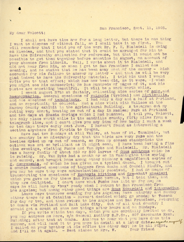 Typewritten letter, 1 page, from Frank H. Shoemaker to Robert H. Wolcott, "I shall not have time now for a long letter, but there is one thing I want to dispose of without fail, so I shall take it up first."