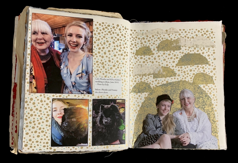 Open scrapbook with photos of people smiling and a dog, set against a decorative polka dot background.