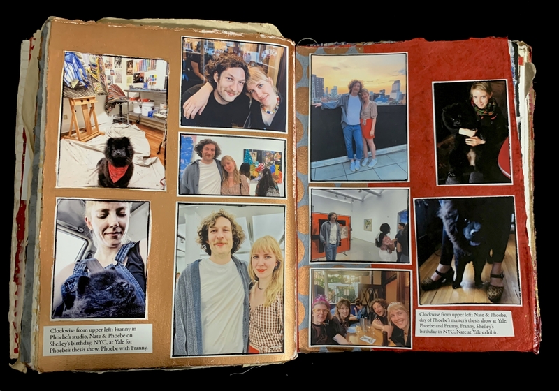 An open scrapbook with photos of people, a black dog, and captions.