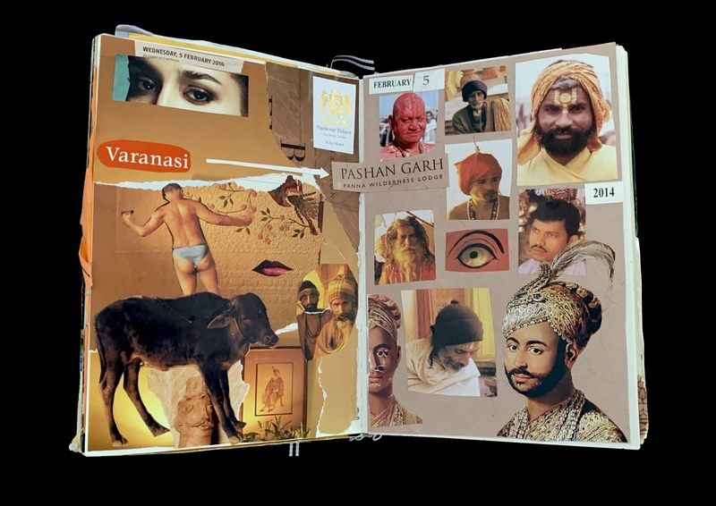 Open scrapbook with collages of people, places, and symbols, including the word "Varanasi" and date "February 5, 2014."