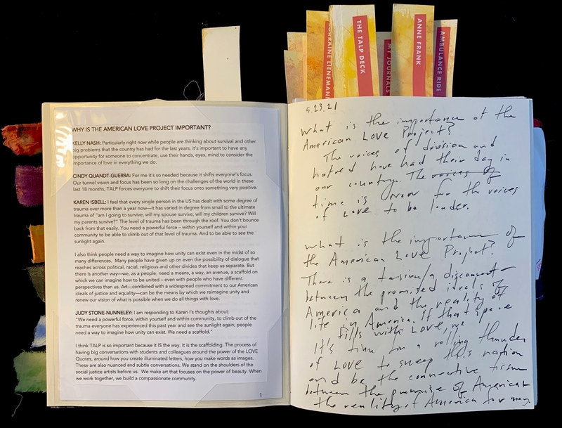 An open journal with a printed page on the left discussing the American Love Project and a handwritten page on the right dated 5.23.21.