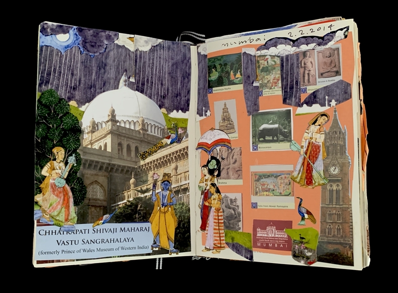 An open notebook with a collage of Indian cultural and historical imagery, including a domed building and traditional figures.