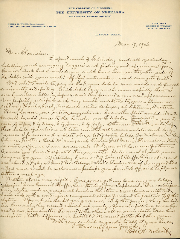 Handwritten letter, 1 page, from Robert H. Wolcott to Frank H. Shoemaker, "I spent much of Saturday and all yesterday labelling and arranging 'taggers' and picking out specimens for Harris."