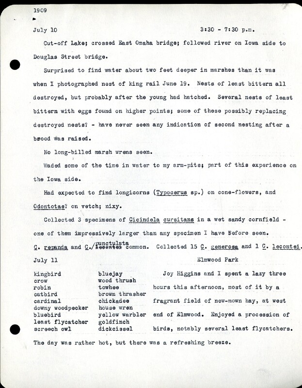 Frank H. Shoemaker typescript, 11 pages, notes and bird lists from field trip at Havelock, Nebraska, and areas surrounding Lincoln, Nebraska