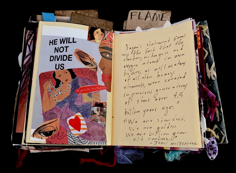 A collage-style page with various images, text, and handwritten notes, featuring a prominent quote by Toni Morrison.