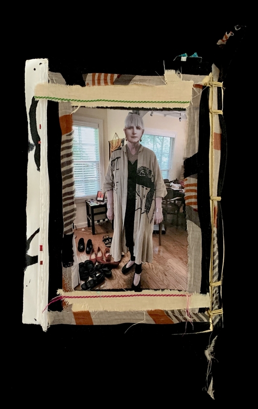 A person in a patterned coat stands indoors, surrounded by a variety of shoes and bordered by decorative fabrics.