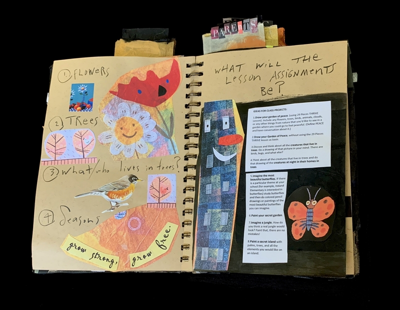 A creative spread in a notebook featuring nature-themed illustrations and lesson assignment ideas.