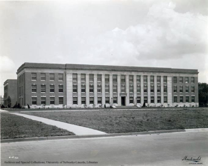 South facade of Andrews Hall. The grassy area in the foreground was used as the military drill field until the early 1930s.
