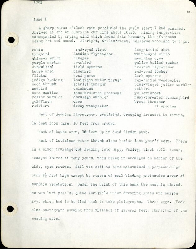 Frank H. Shoemaker typescript, 46 pages, detailing bird sightings, field trips, photography, and associated activities in Omaha, Nebraska.