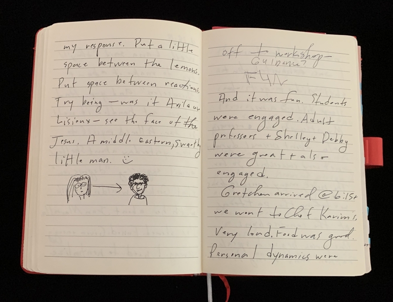 Open notebook with handwritten text and simple drawings on both pages.